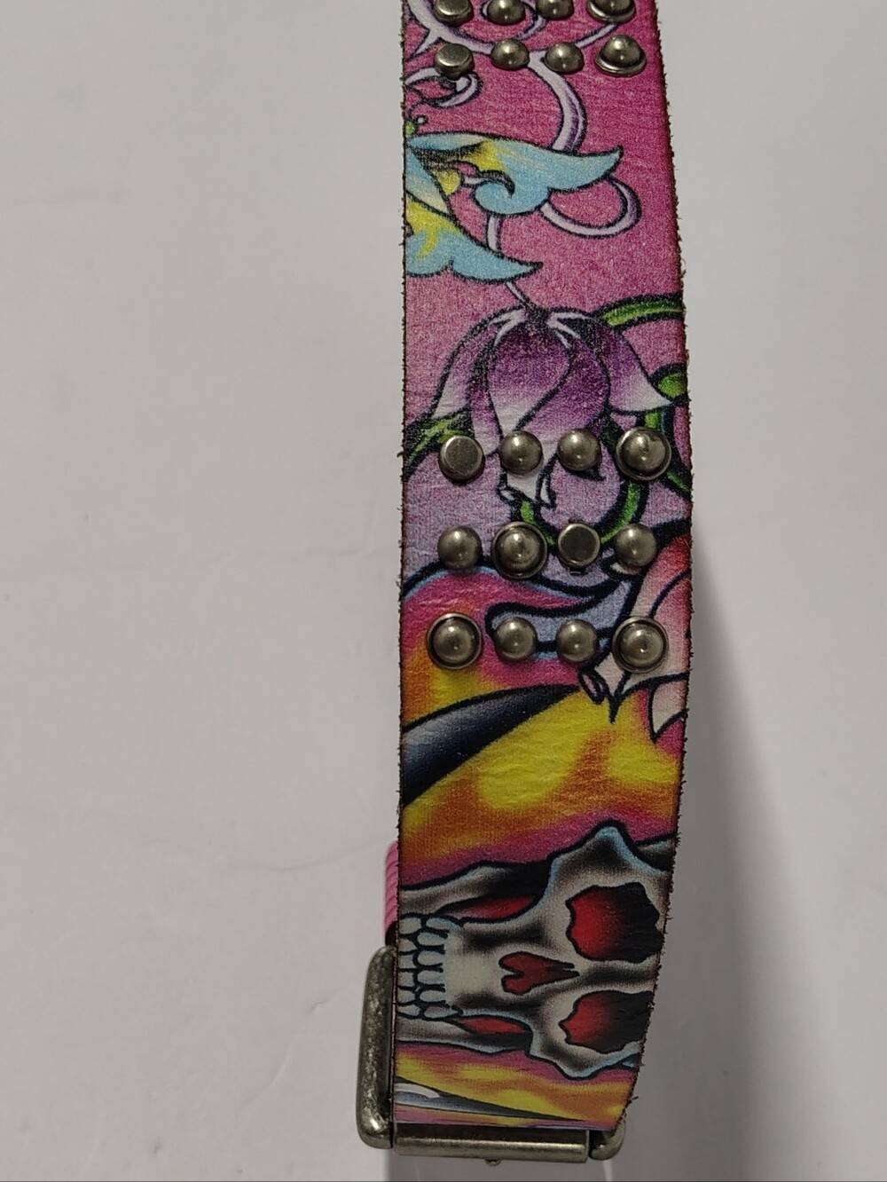 Ed Hardy Y2K Leather Pink Floral Tattoo Dagger Skull Studded Leather Belt